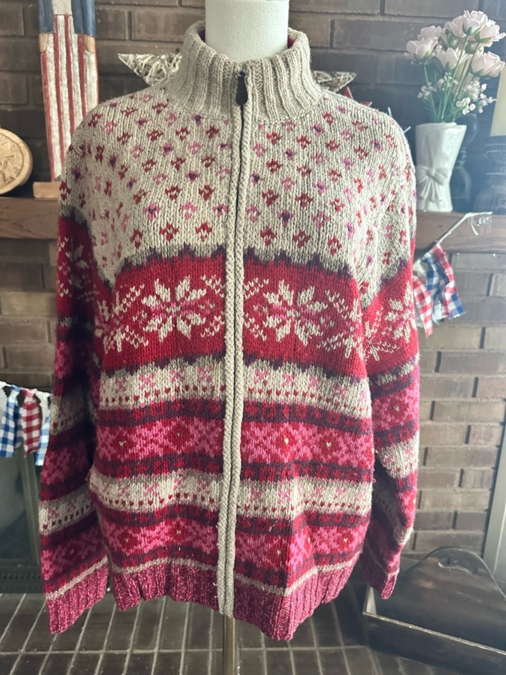 Eddie Bauer Collectibles Lambswool Blend Fair Isle Full Zip Cardigan Sweater XL